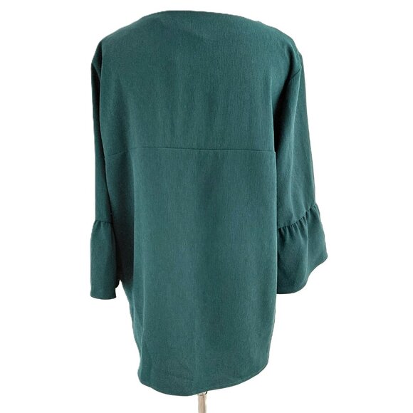 Ellie Kai Popover Blouse Size XL Hunter Green Ruffled Bell Sleeve Textured Crepe - Picture 8 of 10